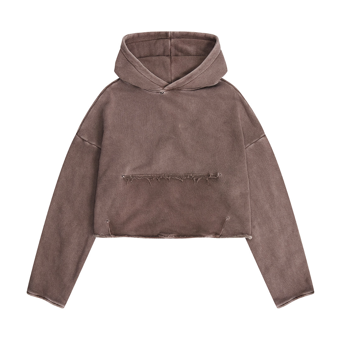 Reworked Cropped Hoody Washed Brown